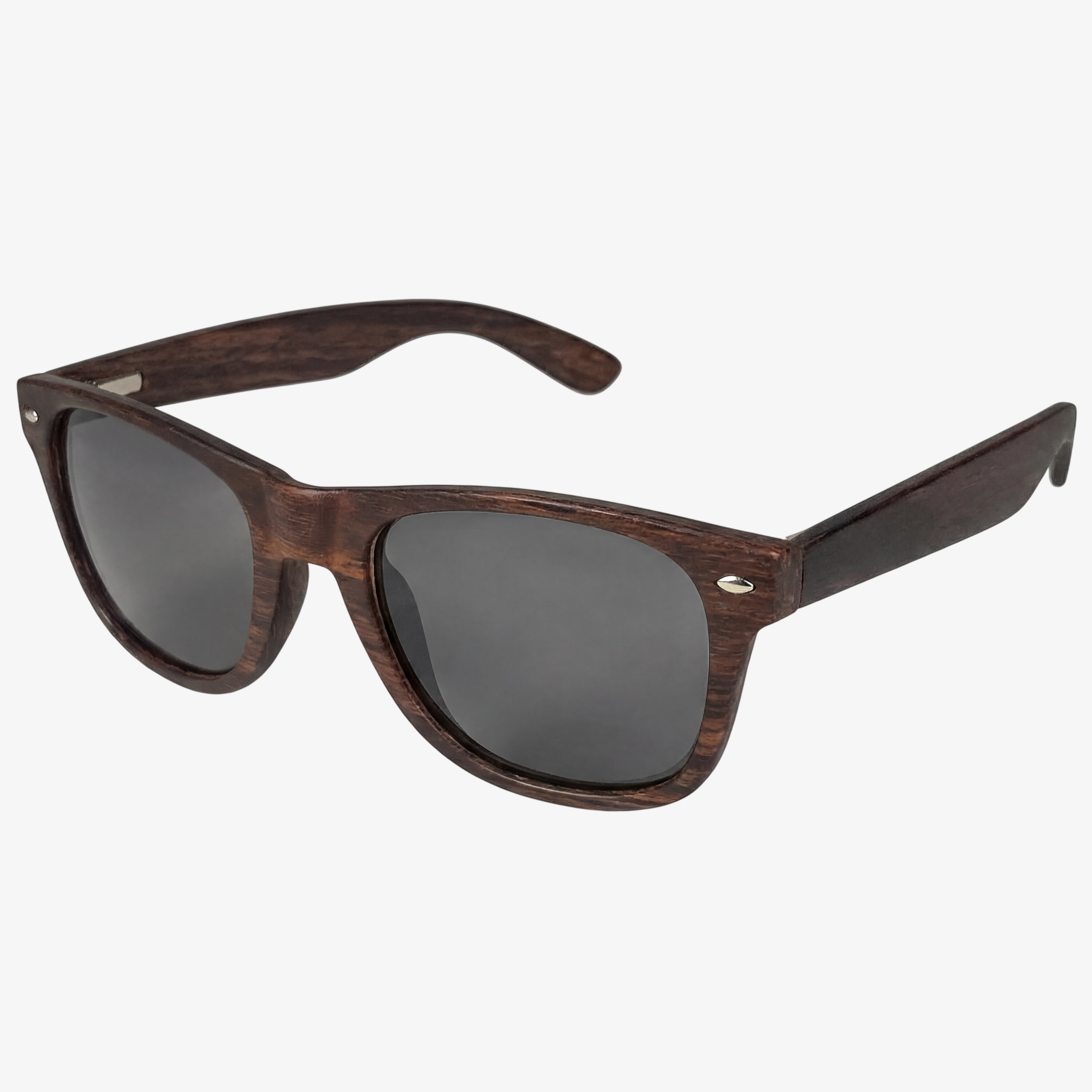 Wooden-framed sunglasses with dark lenses on a white background